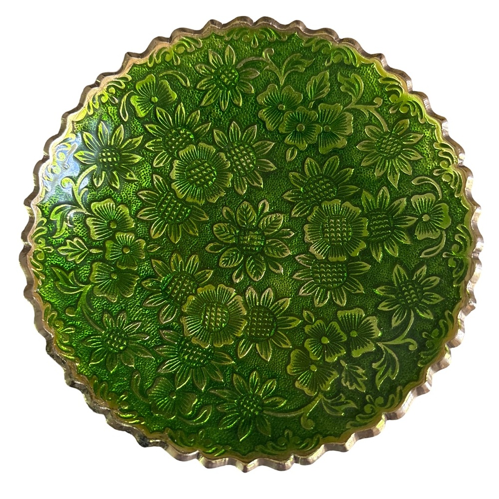 Green Floral Decorative Bowl with gold colored trim metal
